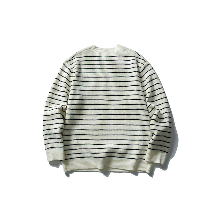 Unisex Breitripp-Strickpullover mit maritimem Streifenmuster und geradem Saum Echoarchiv