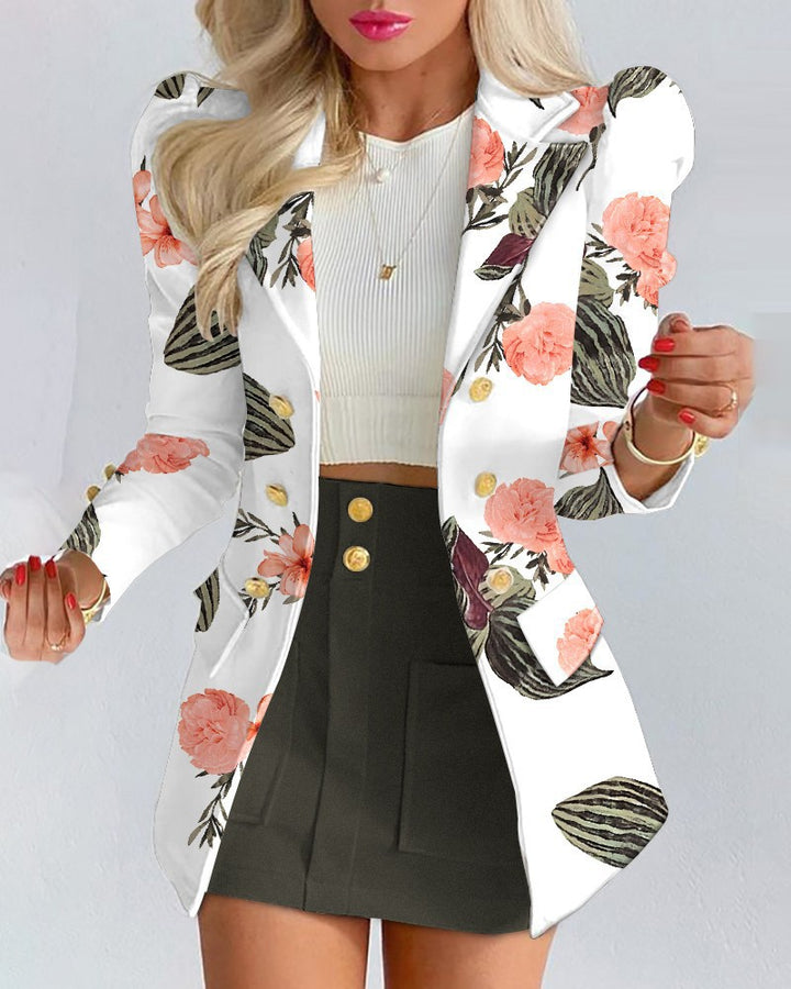 Damen Zweiteiliges karriertes Blazer- und Minirock-Set mit betonten Puffärmeln und goldenen Knöpfen – Valéne