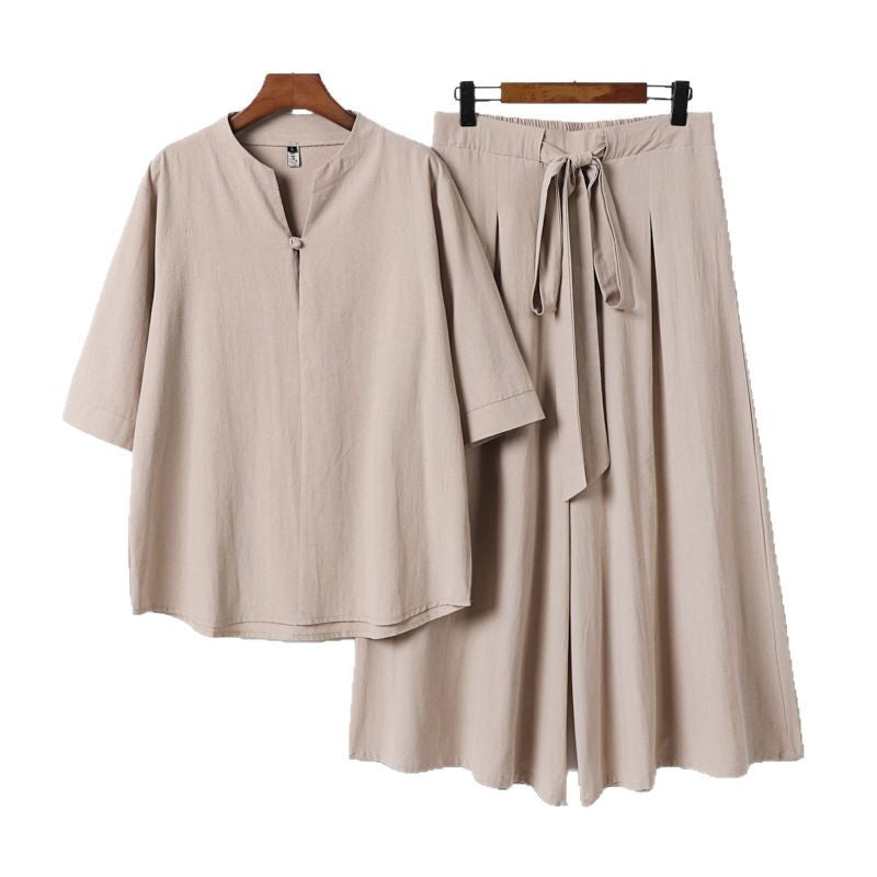 Damen Lässiges Leinen-Viskose Lounge-Set mit Stehkragen-Oberteil und weiten Palazzo-Hose Echoarchiv