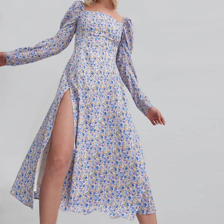 Damen Midikleid mit quadratischem Ausschnitt, tailliertem Bustier-Oberteil, Puffschulter und hohem Beinschlitz – Élara