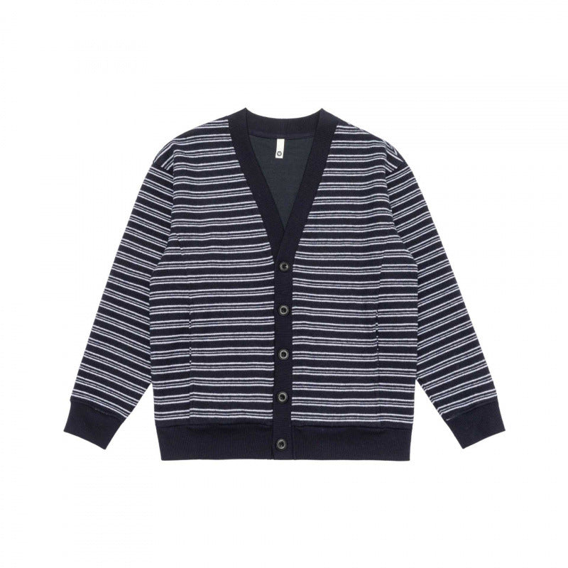 Unisex Gestreifte Boxy-Strickjacke mit V‑Ausschnitt, Knopfleiste und gerippten Abschlüssen Echo Archiv