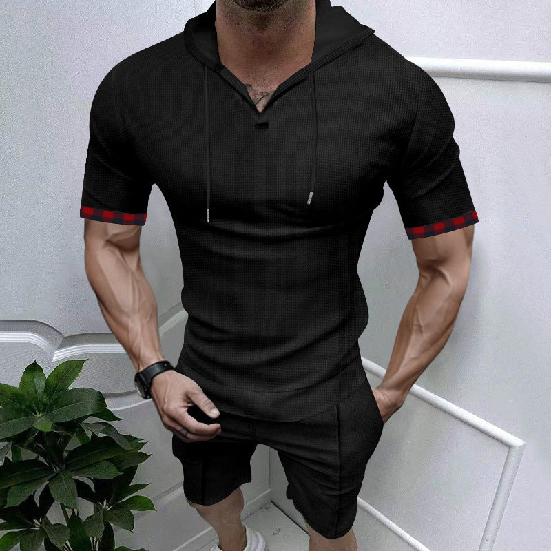 Herren sportliches Kurzarm-Hemden- und Shorts-Set mit Kapuze und kontrastierenden Ärmelabschlüssen Echoarchiv
