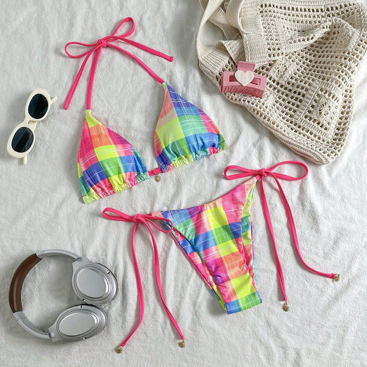 Damen Bunt karierter Triangel-Bikini mit seitlichen Bindebändern Echo Archiv