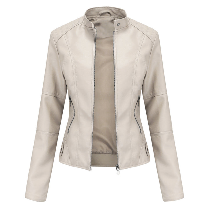 Damen nan schlanke Kunstlederjacke im Bikerstil mit Stehkragen und formenden Abnähern Echo Archiv