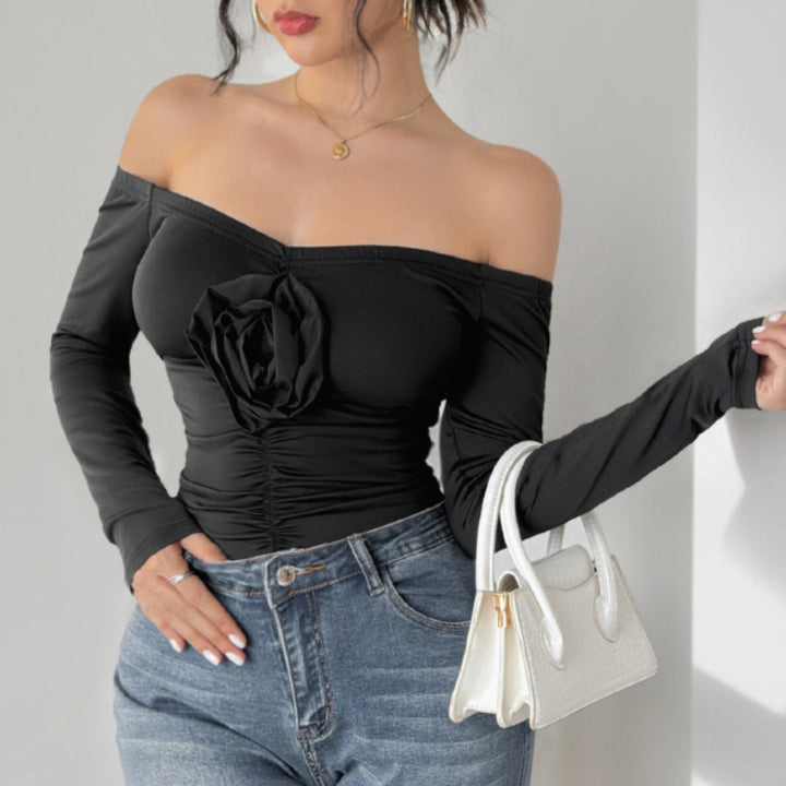 Damen Schulterfreies Longsleeve mit Rosenapplikation und taillierter Raffung Echoarchiv