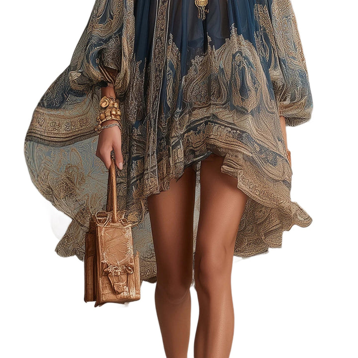 Damen Ätherisches Chiffon Tunika Kleid mit Hohem Stehkragen und Ballonärmeln – Élara