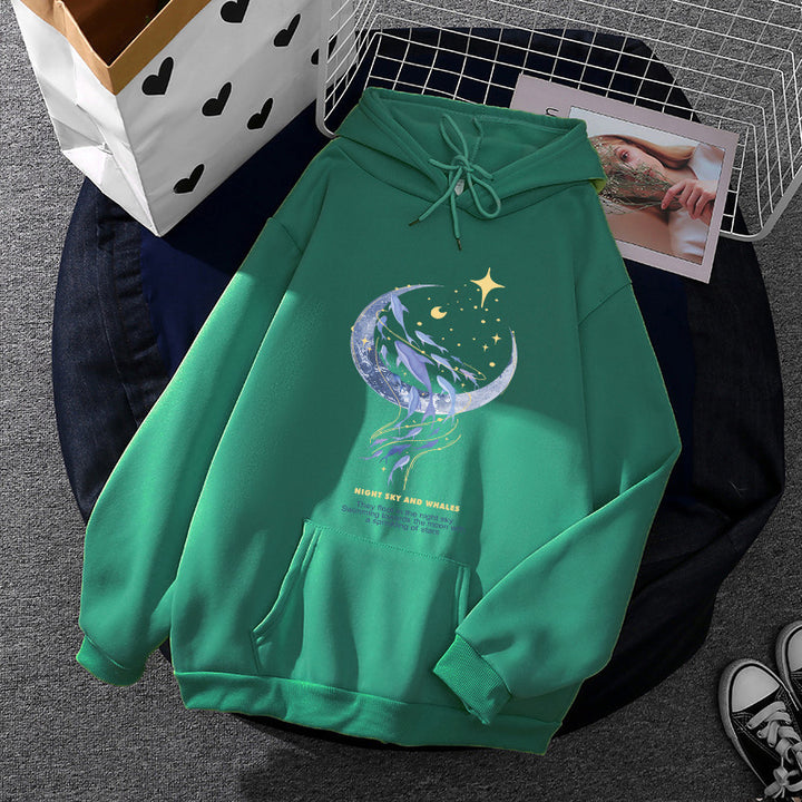 Damen Kapuzenpullover mit Mond‑und‑Wal-Illustration, Oversize-Schnitt und Kängurutasche – Auréline
