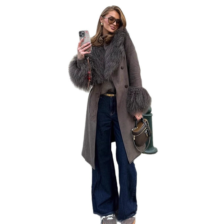 Damen Mantel aus Veloursleder‑Optik mit voluminösem Faux‑Fur‑Schalkragen, Fellmanschetten & Taillengürtel Echoarchiv