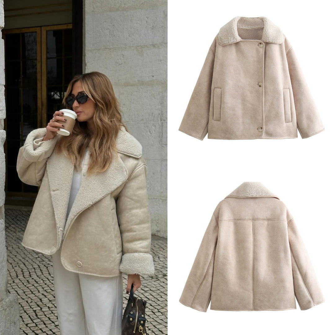 Damen Boxy Jacke in Lammfelloptik mit Teddyfutter und großem Umlegekragen Echo Archiv