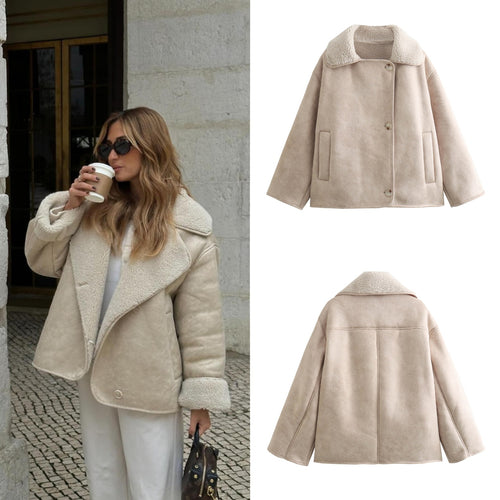 Damen Boxy Jacke in Lammfelloptik mit Teddyfutter und großem Umlegekragen Echo Archiv