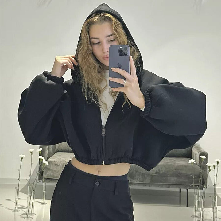 Damen nan oversized Kapuzenjacke kurz geschnitten mit elastischem Saum und Ballonärmeln Echo Archiv