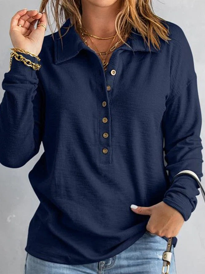 Damen Langarm-Waffelshirt mit Hemdkragen und Knopfleiste Echoarchiv