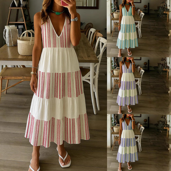 Damen Sommerliches Maxikleid mit tiefem V-Ausschnitt und breitem Rock Echo Archiv