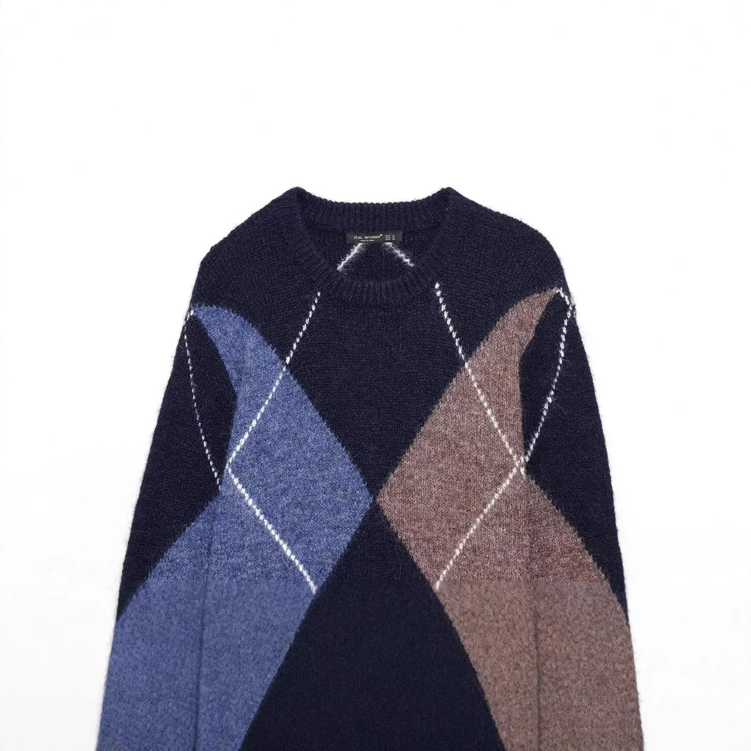 Damen nan grobgestrickter Argyle-Pullover mit Rundhalsausschnitt, überschnittener Schulter und breitem Rippenbund Echo Archiv