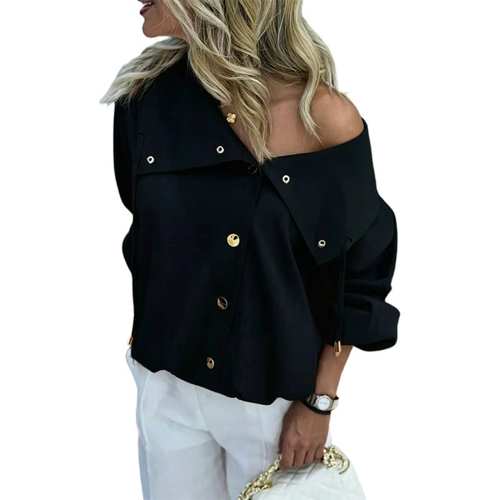 Damen Oversize Off-Shoulder Leinenbluse mit asymmetrischem Kragen und Zierknopfleiste Echo Archiv