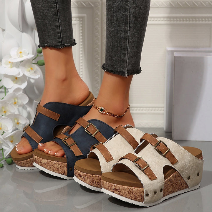 Damen Keil-Pantolette mit Korkplateau, verstellbaren Doppelriemen und gepolstertem Komfortfußbett – Sorelia
