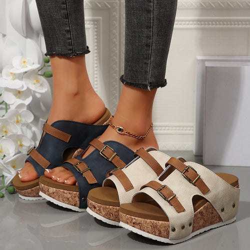 Damen Keil-Pantolette mit Korkplateau, verstellbaren Doppelriemen und gepolstertem Komfortfußbett – Sorelia