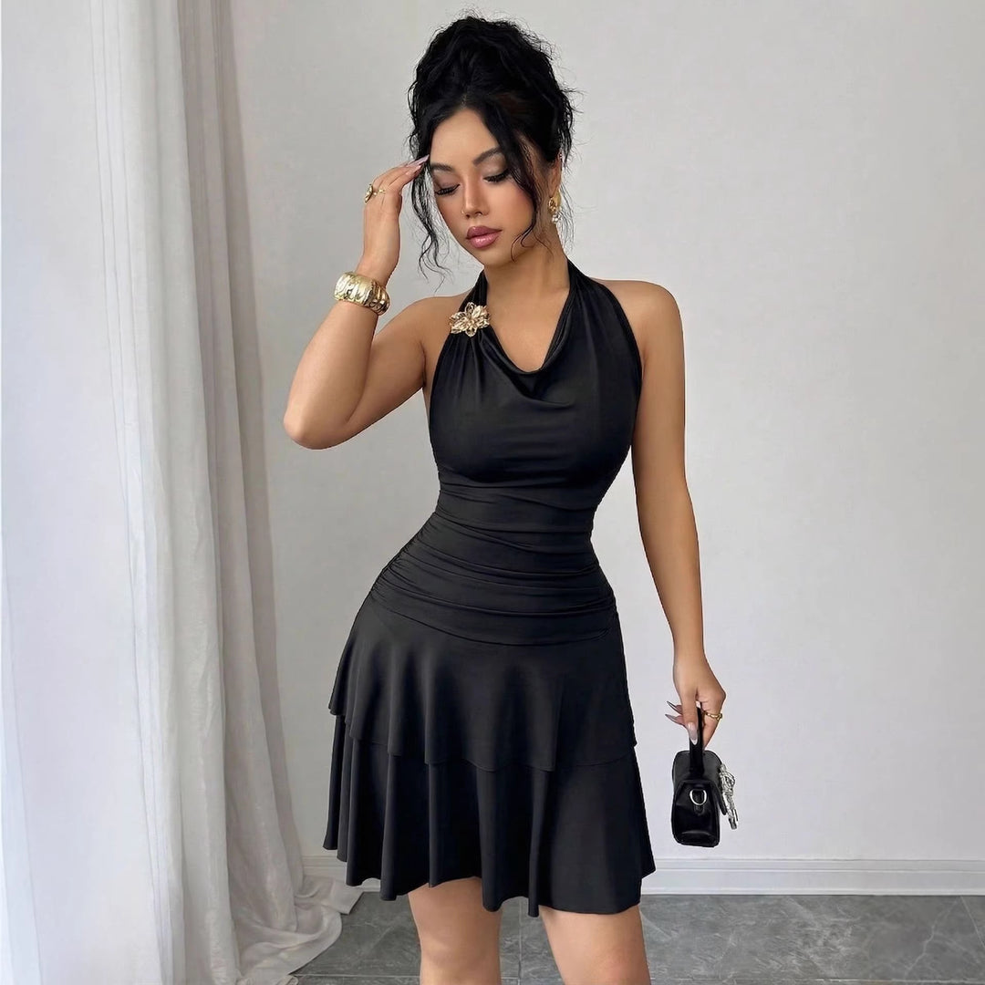 Damen nan Halter-Midikleid mit Wasserfall-Ausschnitt, taillierter Raffung und stufenweisem Volantrock Echo Archiv