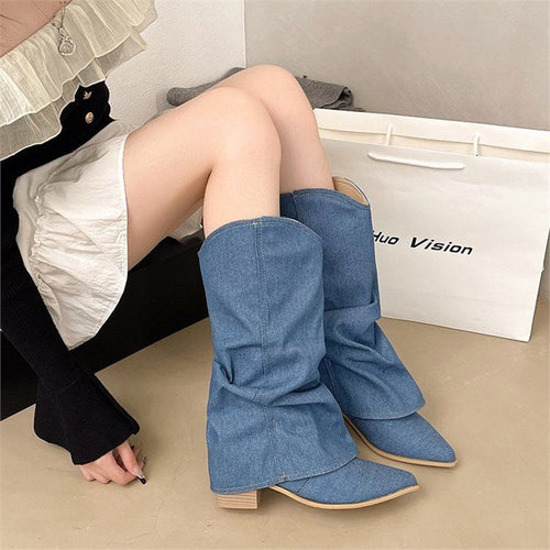 Damen Slouchy Cowboy‑Stiefel aus Denim mit spitzer Zehenform und niedrigem Blockabsatz – Lioré