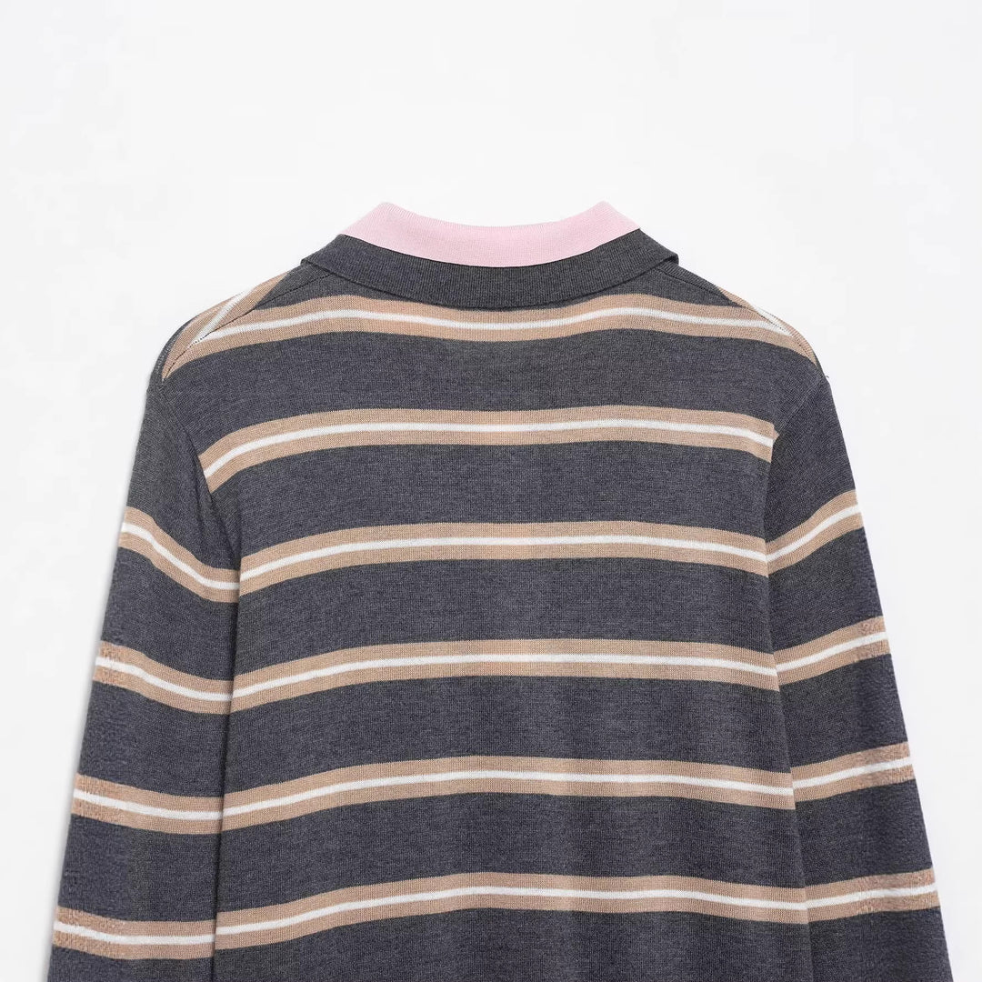 Damen Feinstrick-Rugby-Pullover mit kontrastierendem Kragen und Knopfleiste Echoarchiv