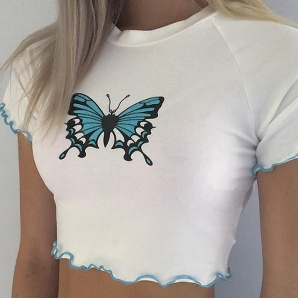 Damen Crop-Top mit kreativem Schmetterlingsdruck und gewelltem Saum Echo Archiv