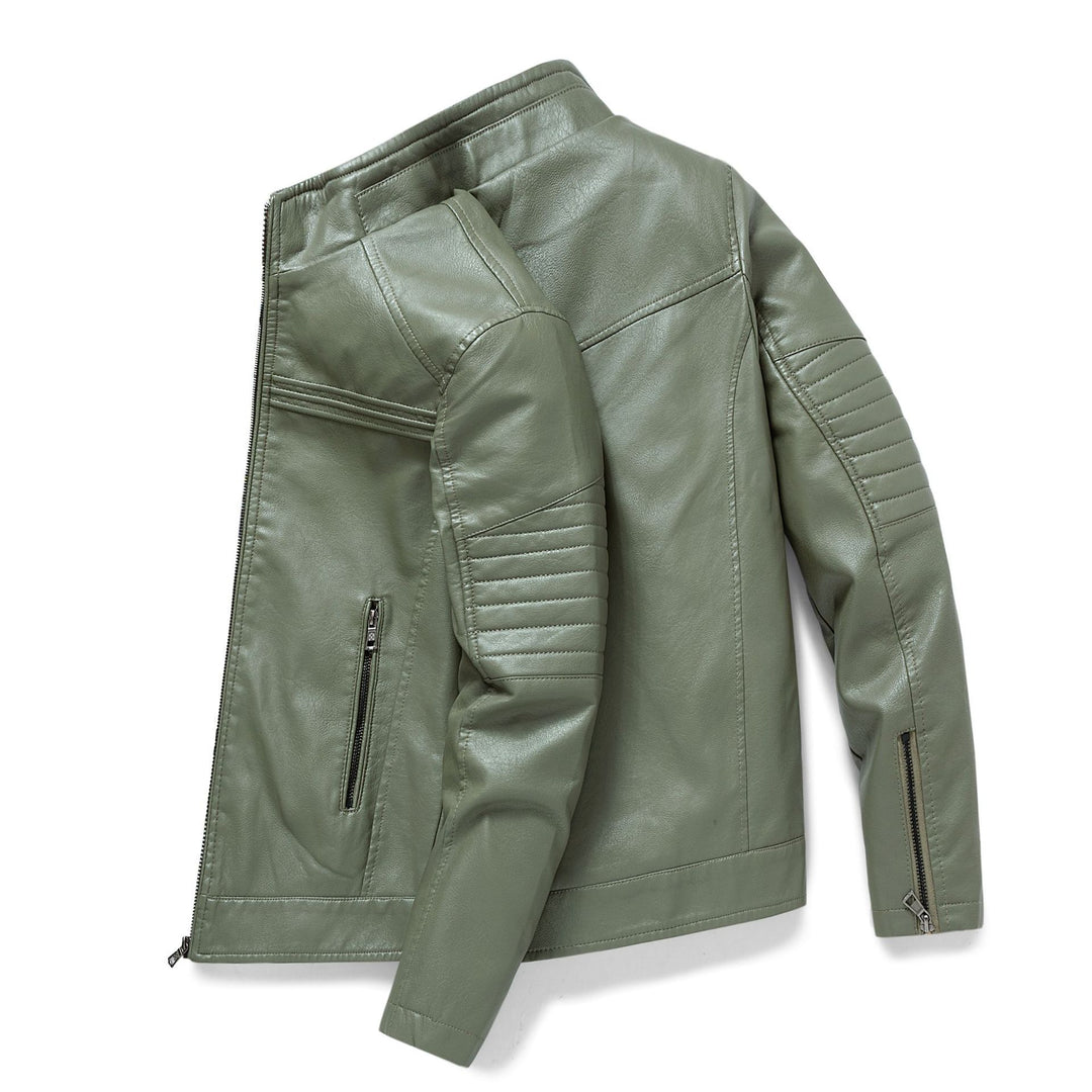 Herren Slim-Fit Kunstleder-Motojacke mit Stehkragen und gesteppter Ärmelpasse Echoarchiv