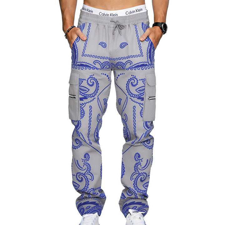Herren Cargo-Hose mit Bandana-Print, elastischem Bund und Zipper-Taschen – Bravaro
