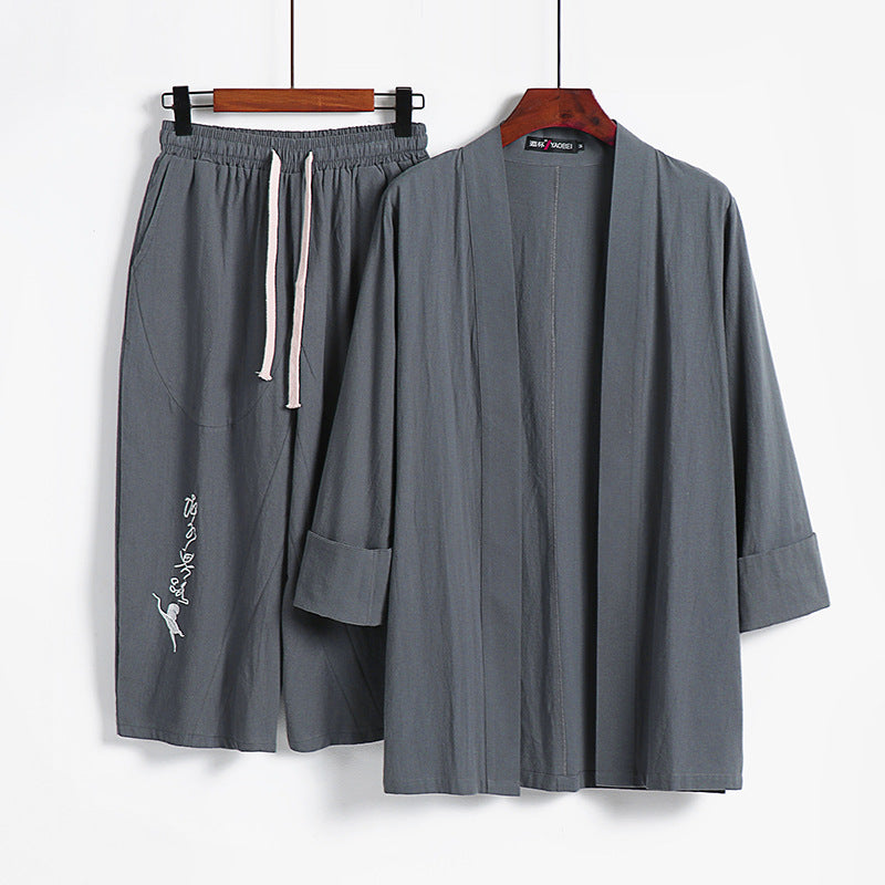Damen Kimono-Set aus leichter Baumwollmischung offene Jacke mit lässig gekrempelten Ärmeln und weiter Haremshose mit Kordelzug Echoarchiv