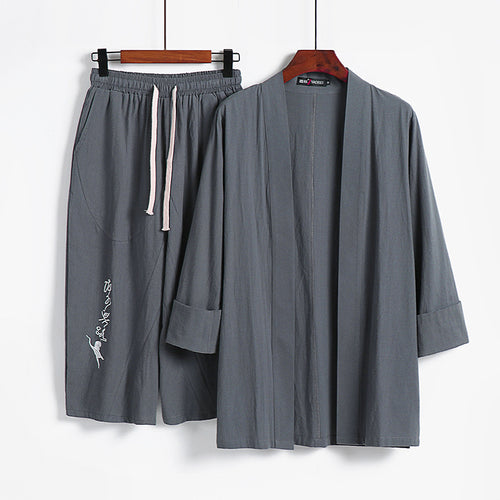 Damen Kimono-Set aus leichter Baumwollmischung offene Jacke mit lässig gekrempelten Ärmeln und weiter Haremshose mit Kordelzug Echoarchiv