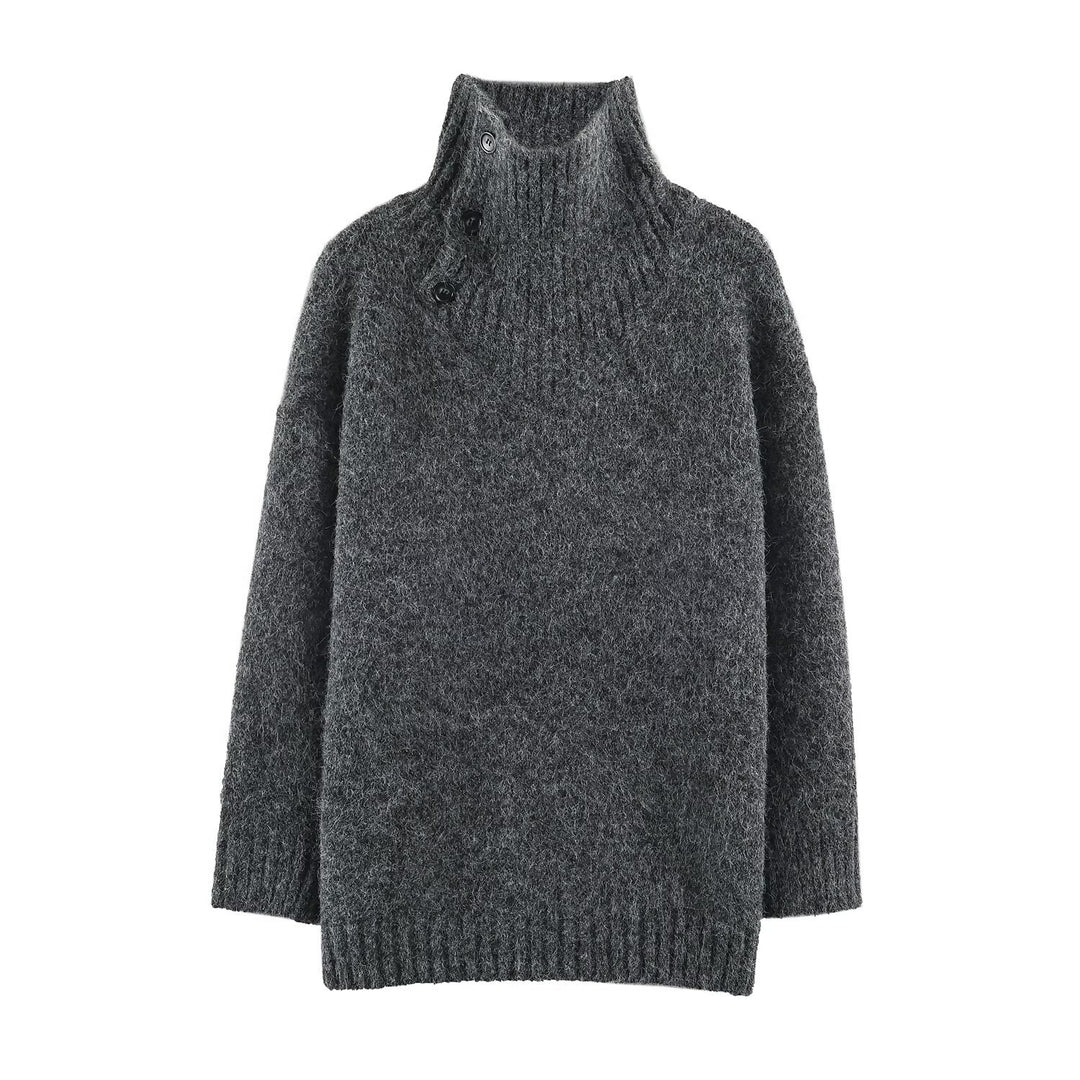 Damen Oversized Strickpullover mit hohem Rippkragen, Knopfdetail und V‑Ausschnitt Echoarchiv