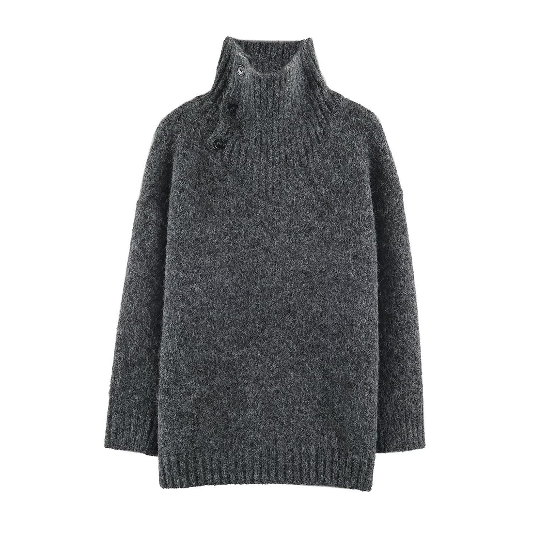 Damen Oversized Strickpullover mit hohem Rippkragen, Knopfdetail und V‑Ausschnitt Echoarchiv