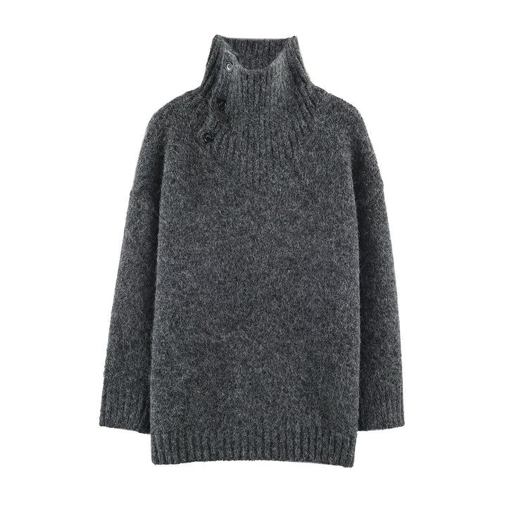 Damen Oversized Strickpullover mit hohem Rippkragen, Knopfdetail und V‑Ausschnitt Echoarchiv