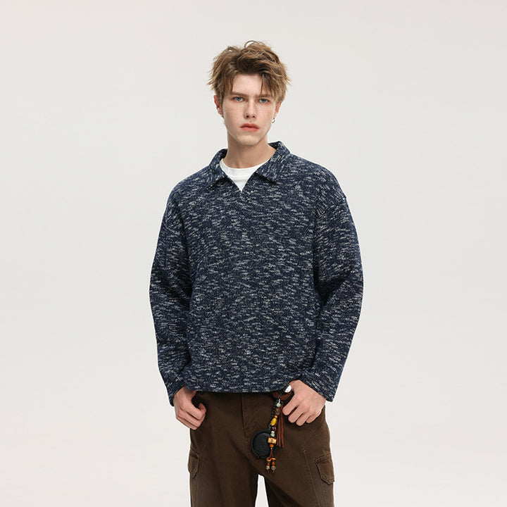 Herren Grobstrick-Kragenpullover mit V-Ausschnitt und Relaxed‑Fit Echo Archiv