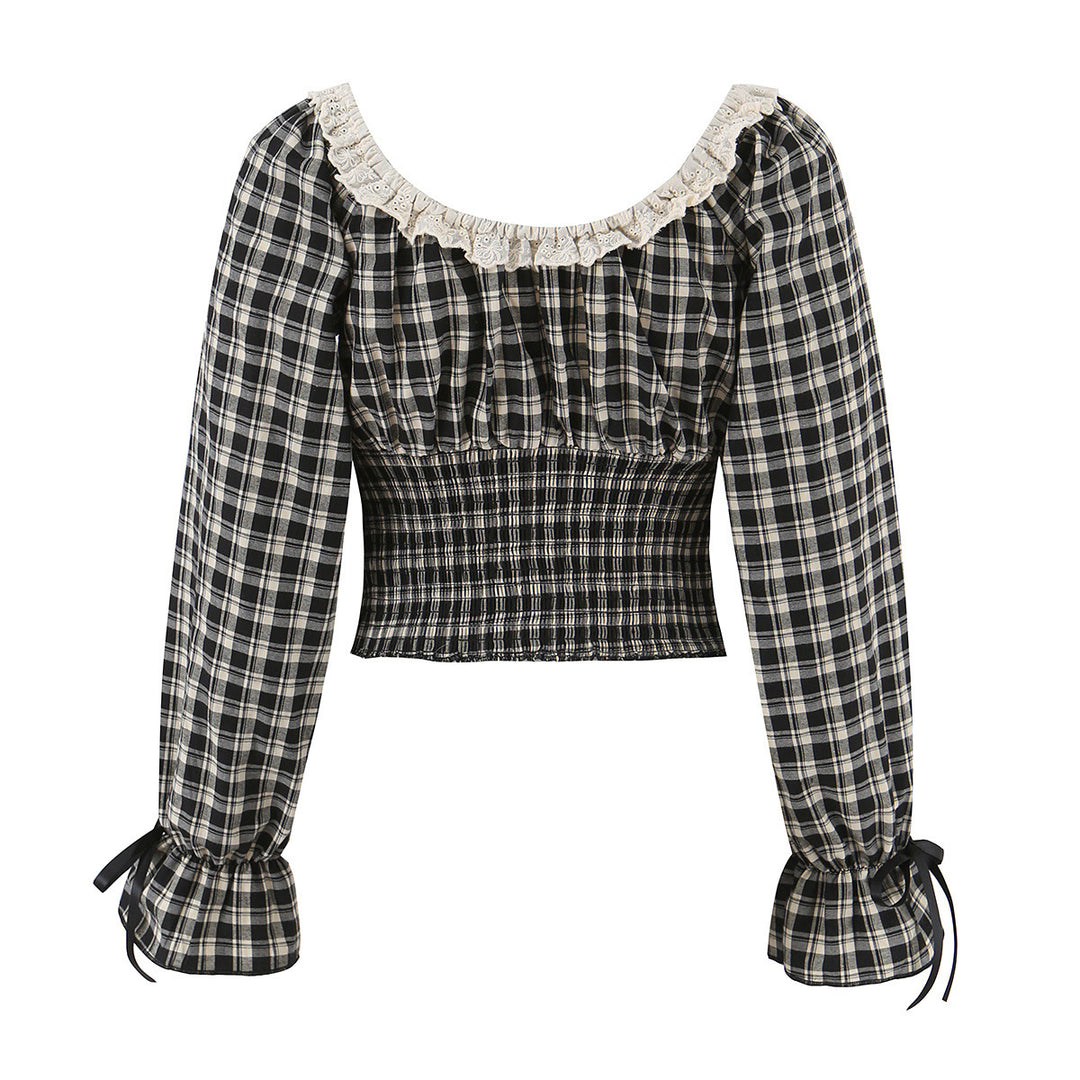 Damen Karierte Cropped-Bluse mit eckigem Ausschnitt, Spitzenbesatz und geraffter Taille Echo Archiv