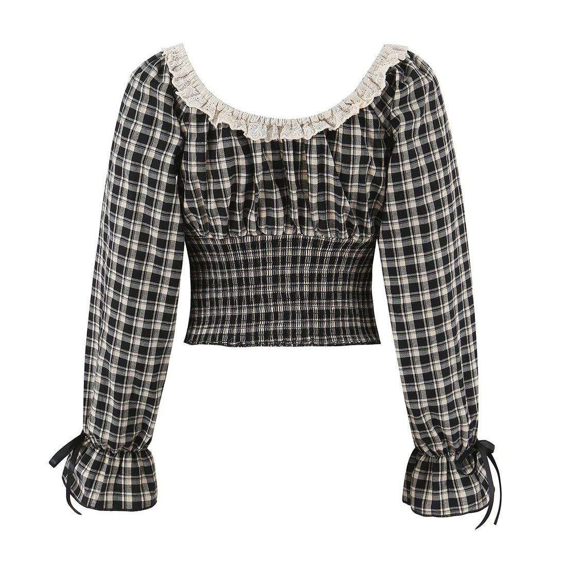 Damen Karierte Cropped-Bluse mit eckigem Ausschnitt, Spitzenbesatz und geraffter Taille Echo Archiv
