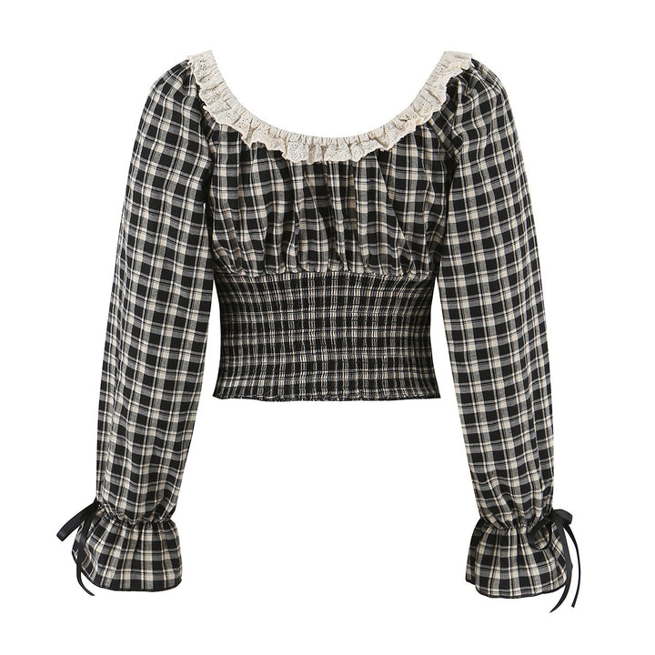 Damen Karierte Cropped-Bluse mit eckigem Ausschnitt, Spitzenbesatz und geraffter Taille Echo Archiv