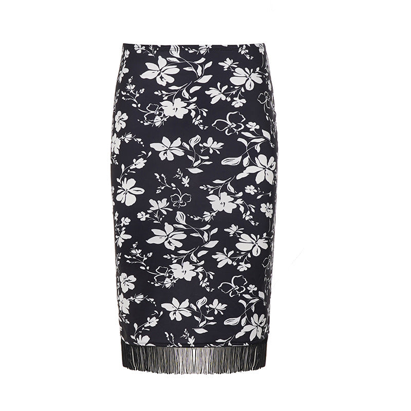 Damen Midirock Bleistiftrock mit floralem Print und Fransenbesatz Echo Archiv