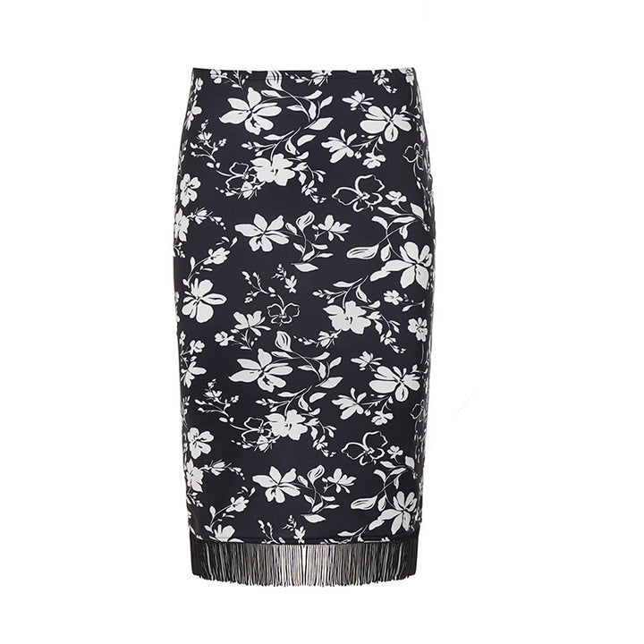 Damen Midirock Bleistiftrock mit floralem Print und Fransenbesatz Echo Archiv
