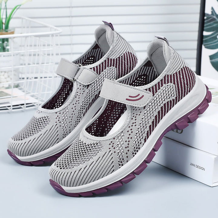 Damen nan atmungsaktive Strick-Mary-Jane-Sneaker mit Klettverschluss, perforiertem Obermaterial und stoßdämpfender EVA-Zwischensohle Echo Archiv