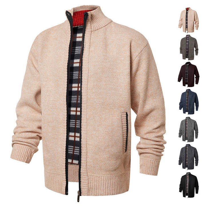 Herren gebürstete Strickjacke mit kariertem Thermofutter und Stehkragen – Taviero