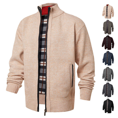 Herren gebürstete Strickjacke mit kariertem Thermofutter und Stehkragen – Taviero