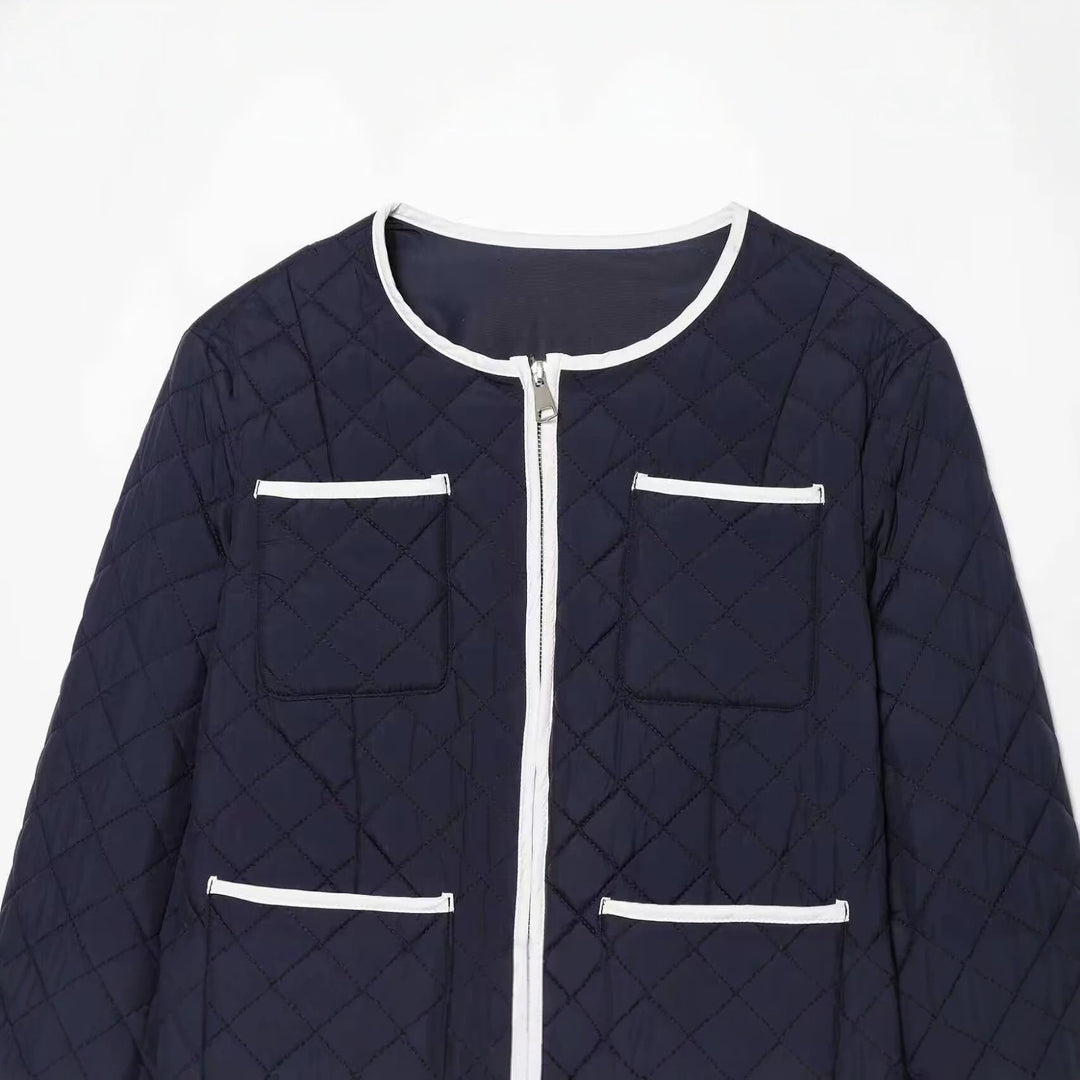 Damen Kurz gesteppte Jacke mit Rundhals, Kontrastpaspel und aufgesetzten Taschen Echo Archiv