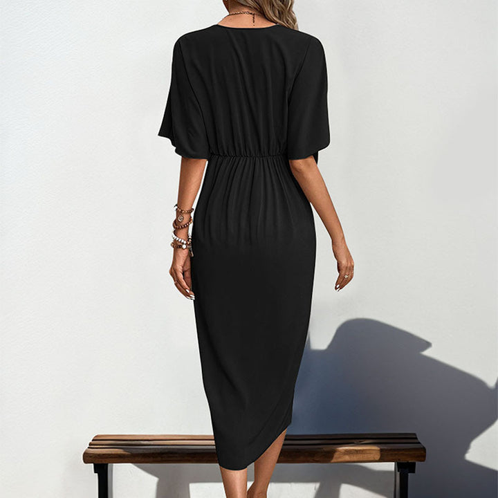 Damen Wickel-Midikleid mit Knotendetail, V-Ausschnitt und überschnittenen Ärmeln Echoarchiv