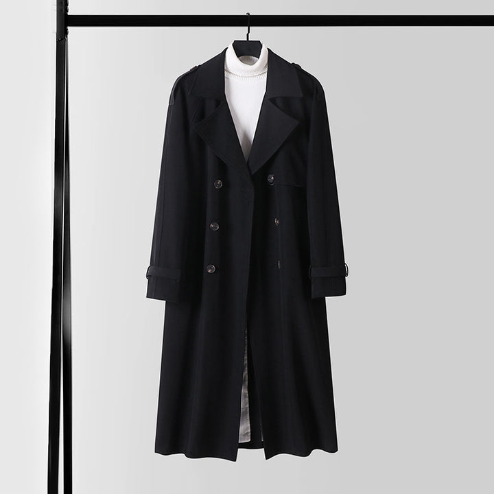 Damen Eleganter Maxi-Trenchcoat aus Wollmischung mit weitem Schalkragen und Bindegürtel Echoarchiv