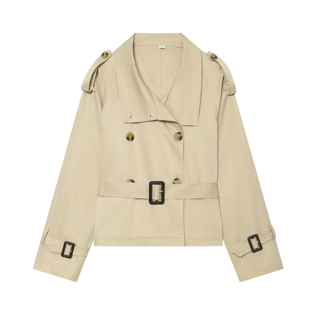 Damen Kurztrench im Boxy‑Stil mit doppelreihigem Verschluss, Schnallenärmeln und Taillengürtel Echo Archiv