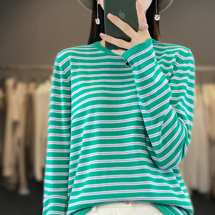 Damen Leichter Baumwollmix-Streifenpullover mit Rundhals, Raglanärmeln und lässiger Silhouette Echoarchiv
