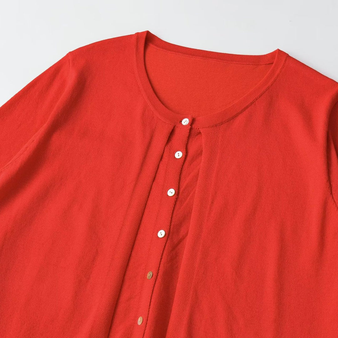 Damen Leichter Dreiviertelarm Knopf-Cardigan mit Rundhals und verlängerter Rippenblende Echoarchiv