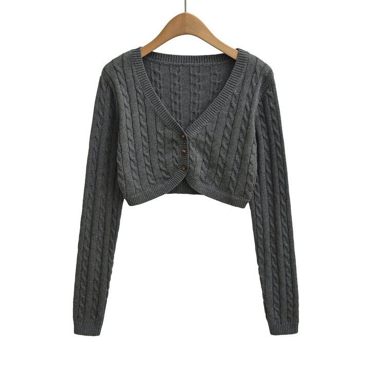 Damen Kurzgeschnittener Zopfstrick-Cardigan mit V‑Ausschnitt und Knopfleiste Echoarchiv
