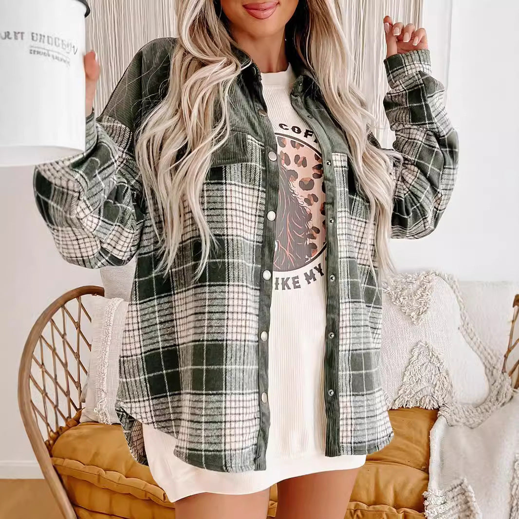 Damen Oversize karierte Hemdjacke mit Cordbesatz und Druckknöpfen – Avérine