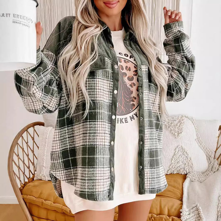 Damen Oversize karierte Hemdjacke mit Cordbesatz und Druckknöpfen – Avérine